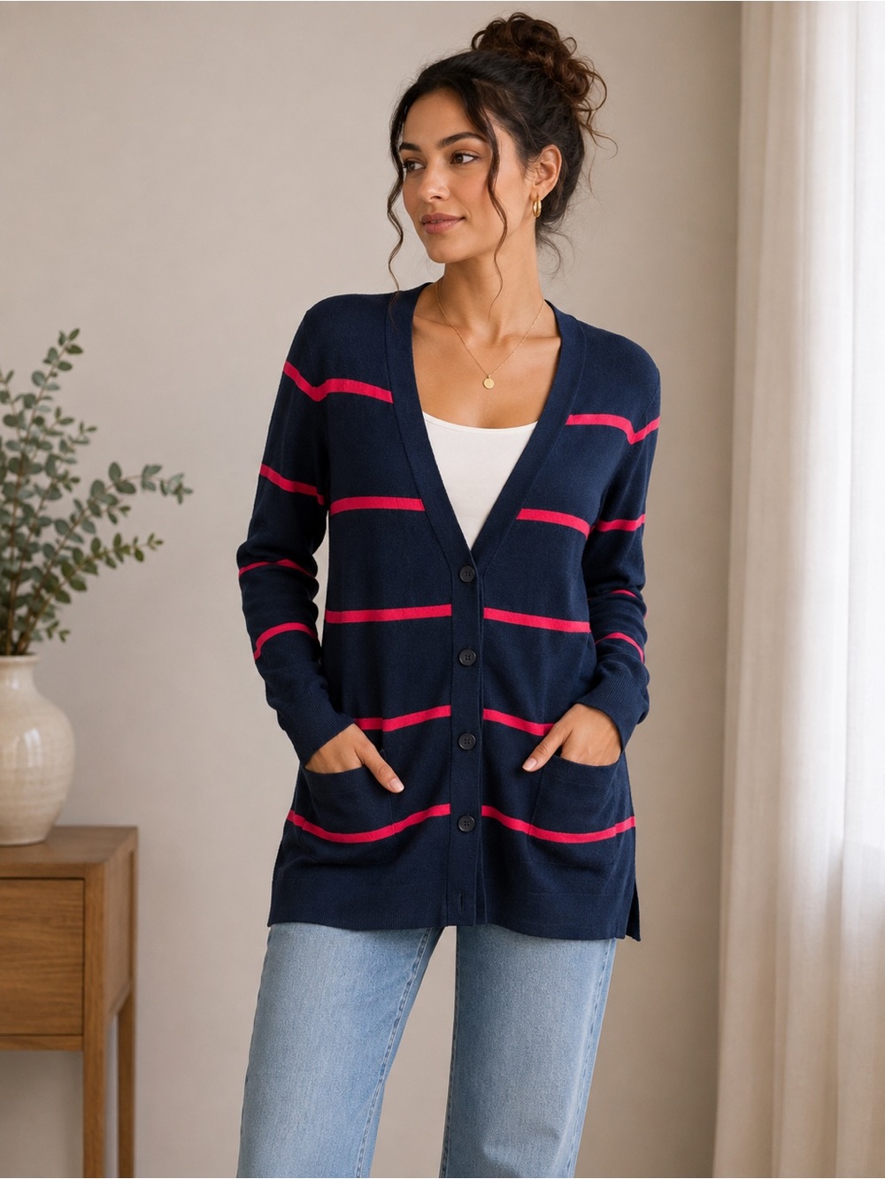 Old Navy Navy & Red Striped Cotton Blend Cardigan Size Small